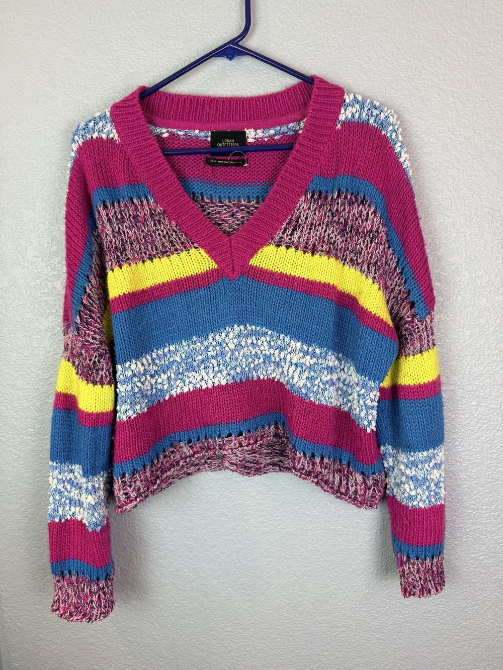 Urban Outfitters Sweater Womens XS Multicolor Striped V Neck Chunky Knit Cropped